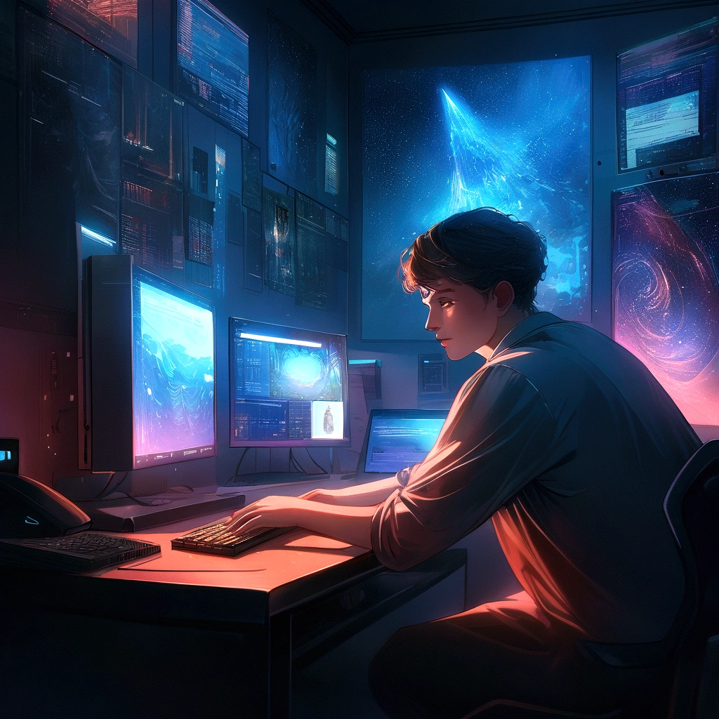 there is a man sitting at a desk using a computer, in front of a computer, beautiful and cinematic lighting, sitting at a computer, programmer, hyperrealistic composition, amazing wallpaper, cyril rolando and goro fujita, sitting in front of computer, night realism, awesome composition, awesome greate composition, inspired by Atey Ghailan