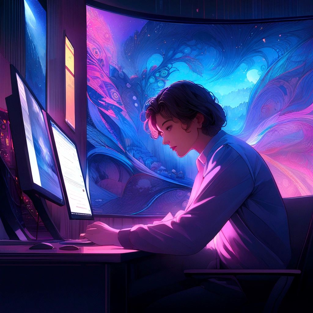 there is a man sitting at a desk using a computer, in front of a computer, beautiful and cinematic lighting, sitting at a computer, programmer, hyperrealistic composition, amazing wallpaper, cyril rolando and goro fujita, sitting in front of computer, night realism, awesome composition, awesome greate composition, inspired by Atey Ghailan