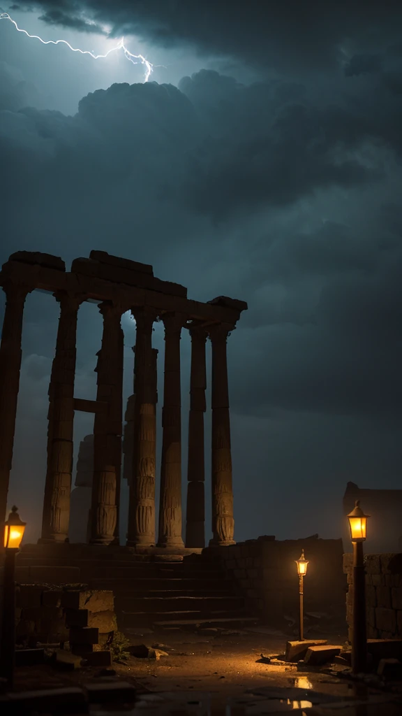 A dark, stormy night with heavy rain and flashes of lightning illuminating the sky. The scene is set in a desolate, ancient Mesopotamian ruin, with crumbling stone structures and eerie shadows cast by the flickering lanterns of archaeologists, realistic