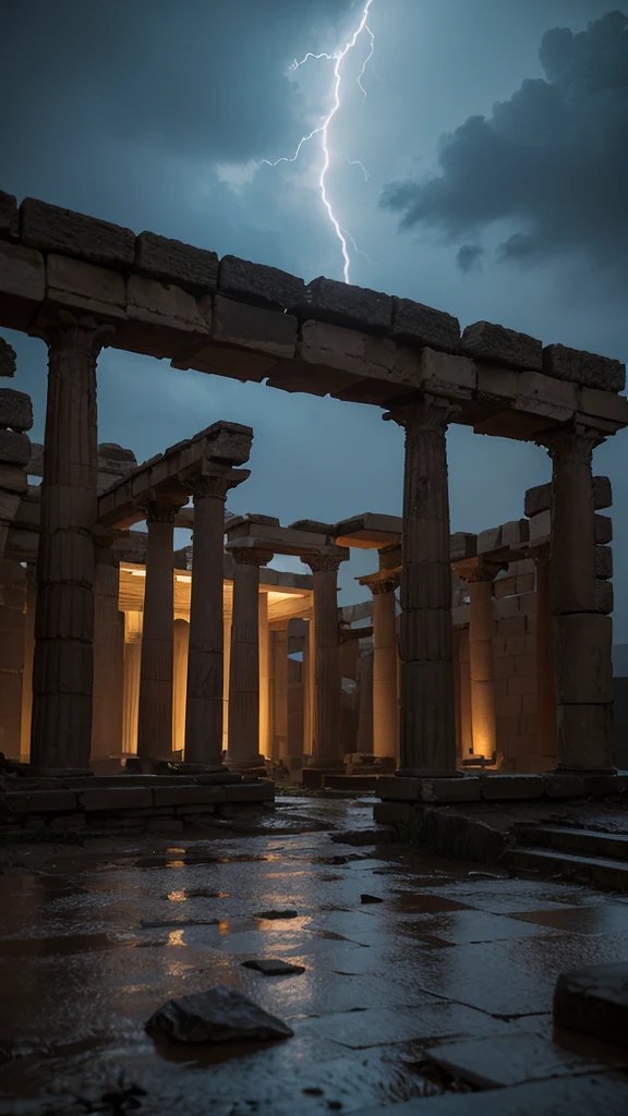 A dark, stormy night with heavy rain and flashes of lightning illuminating the sky. The scene is set in a desolate, ancient Mesopotamian ruin, with crumbling stone structures and eerie shadows cast by the flickering lanterns of archaeologists, realistic
