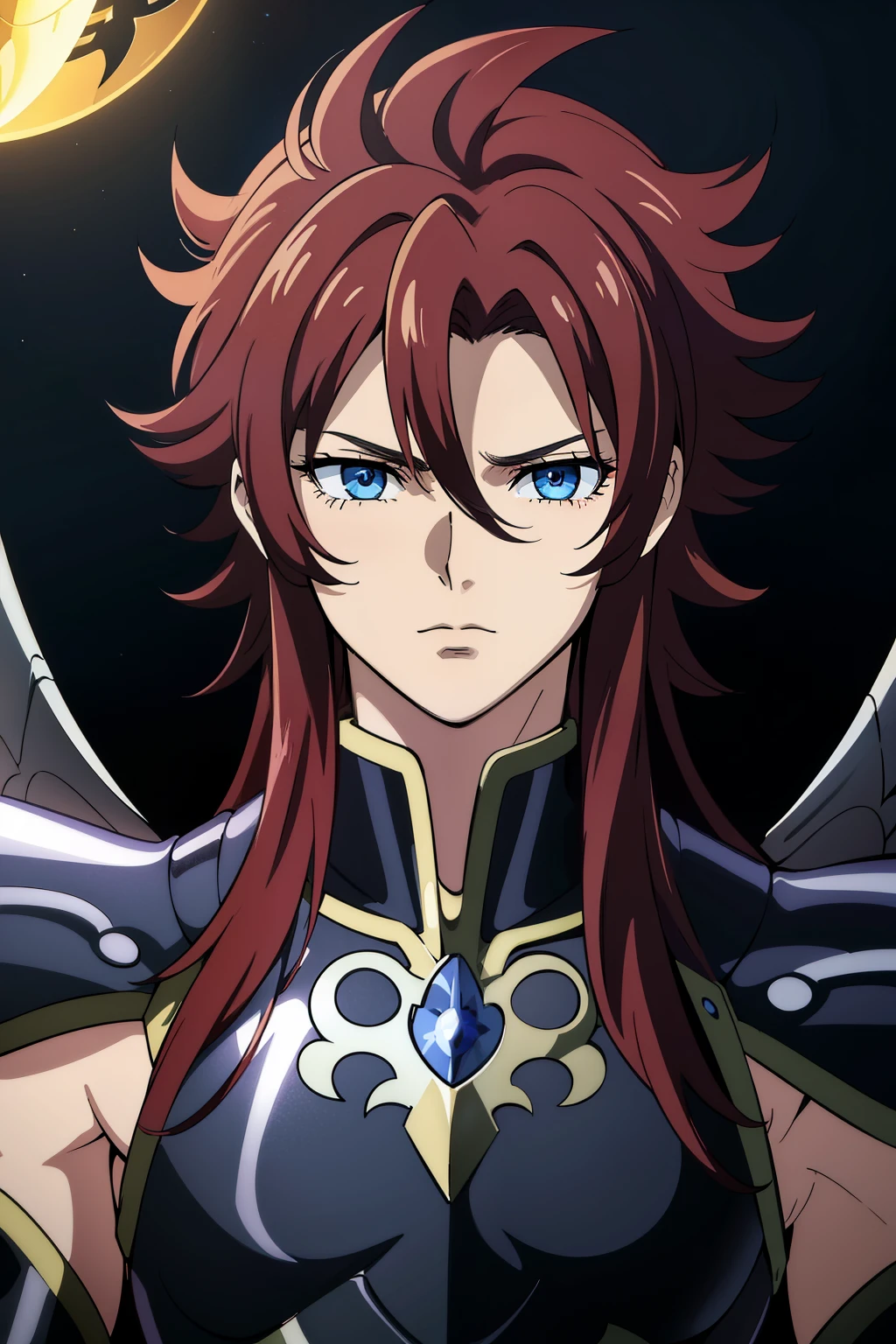 (high-quality, breathtaking),(expressive eyes, perfect face) portrait, Symmetrical Eyes, 1boy, male, solo, adult, red hair, blue coloured eyes, stylised hair, short length hair, loose hair, side bangs, spiky hair, looking at viewer, portrait, black background, narrow eyes, soft eerie blue lighting backround, rock terrain background, Hades Armor, Hypnos Saint Seiya Armor, Thanatos Saint Seiya Armor, Dark Purple Armor, trim, full plate, masculine face, Thanatos Lost Canvas Saint Seiya
