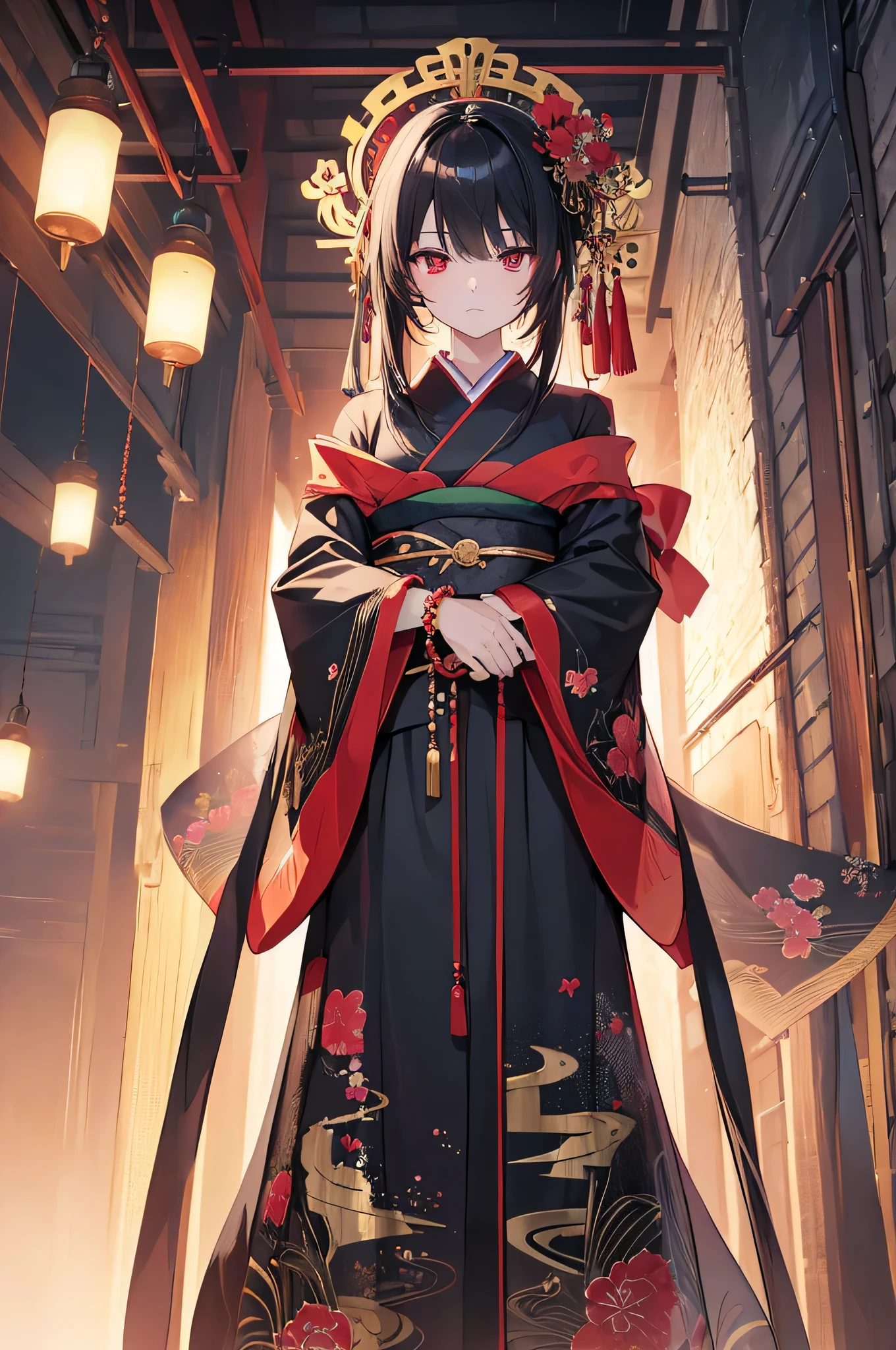 ((masterpiece)), ((Highest quality)), ((High resolution)), ((In detail))、Anime style girl、Black Hair、Long straight hairstyle、(Black kimono)、Red eyes、Sharp Eyes、Cold expression、beautiful、Prayer bead bracelet