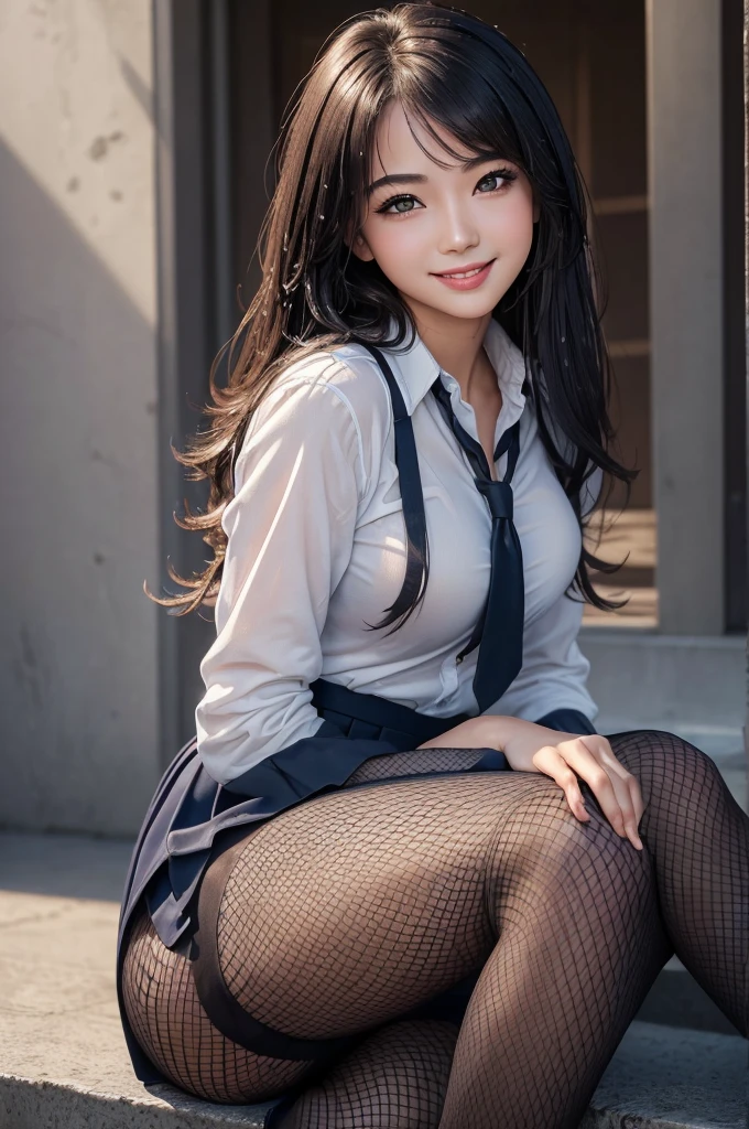 ((highest quality、masterpiece、High resolution))、(Zoom photo from the front:1.95, sit with legs apart、medium hair), erotic face, cute smile, wet body:1.85、wet crotch:1.85、cleavage、Thick lip gloss、dark eye shadow、high school uniform:1.15、Fishnet tights)))