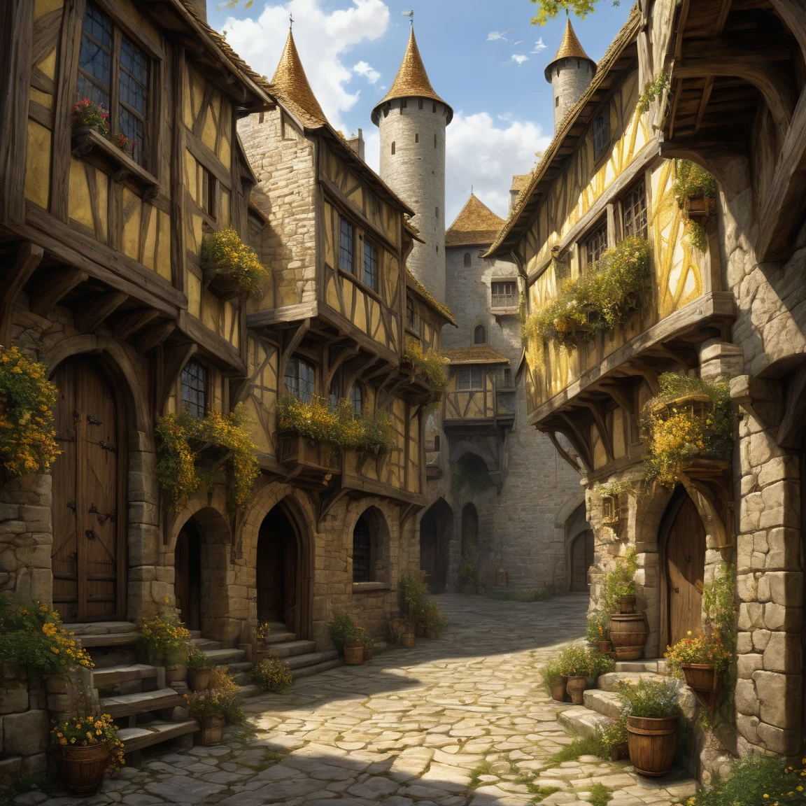 ((best quality)), ((masterpiece)), ((realistic,digital art)), (super detailed), (Mine d'or avec des lingots d'or), view from the ground, (style medieval fantasy)