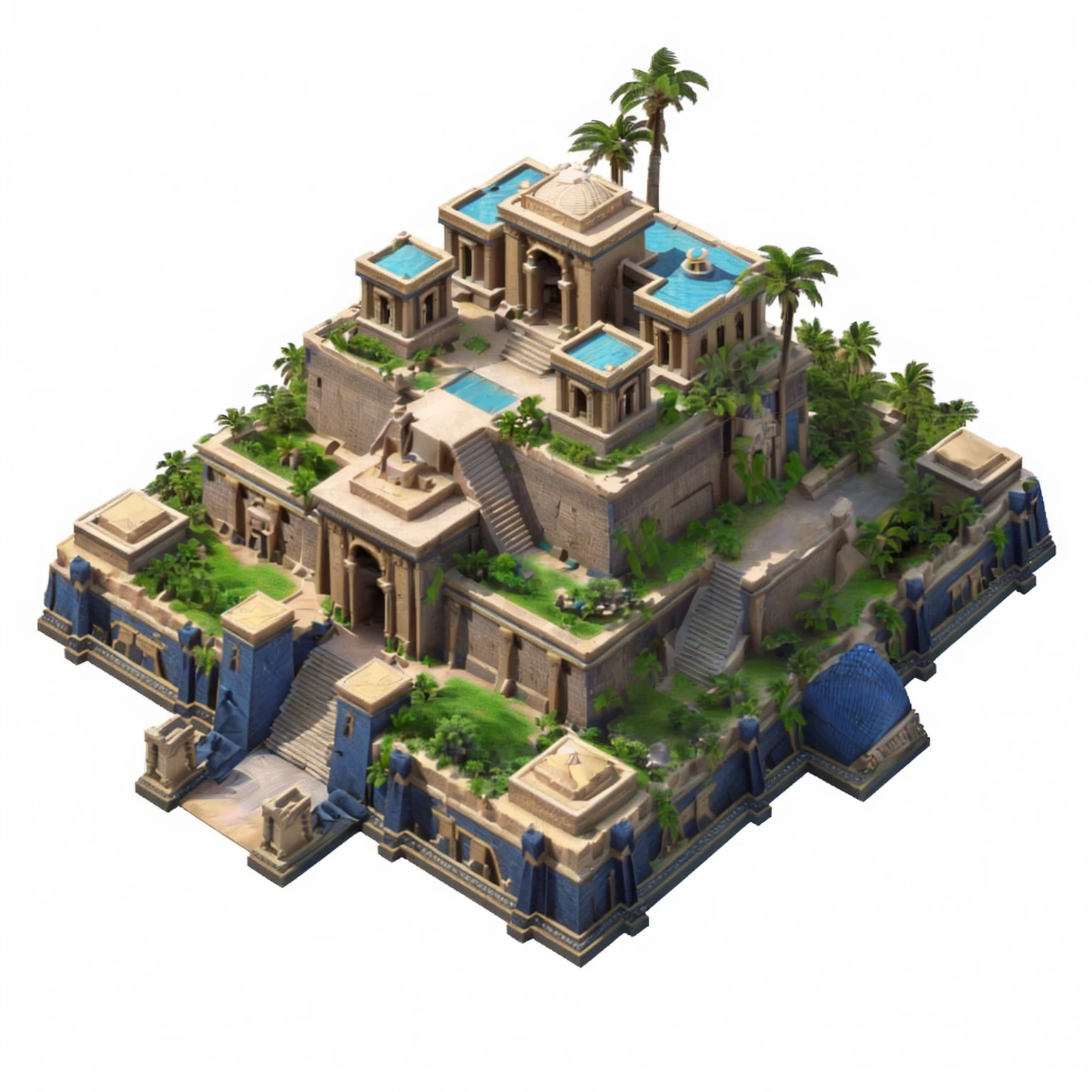 Close up of a small building with a swimming pool and palm trees, Ancient City landscape, isometric palace, Ancient Temple, Ancient City, isometric 8k, 3D rendering style, Isometric game assets, Egyptian Background, Desert Temple, Fortress Megastructure City, Isometric 3d fantasy island, Egyptian Environment, Colorful city, 3D Video Game Rendering