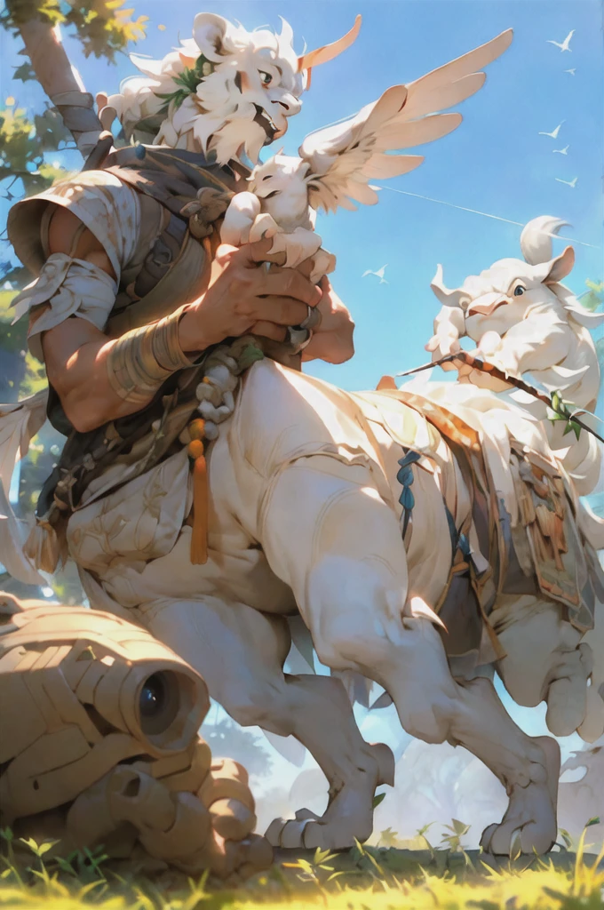  letterboxed, holding, outdoors, bird, standing, cloud, indian sage, weapon, ???????????, sky, animal, holding weapon, airavat white elephant, indian mythological creature, 1other, 