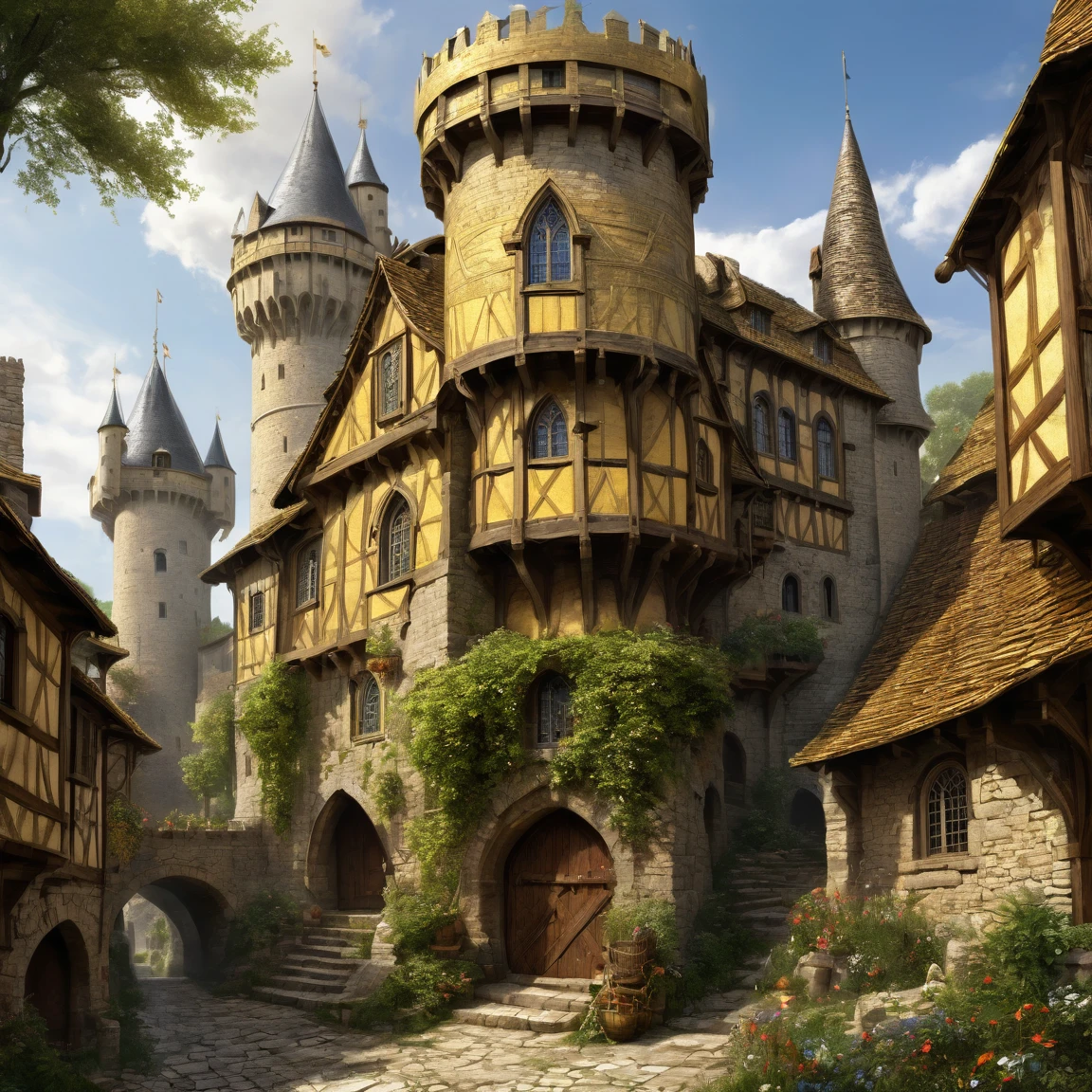 ((best quality)), ((masterpiece)), ((realistic,digital art)), (super detailed), (Mine d'or avec des lingots d'or), view from the ground, (style medieval fantasy)