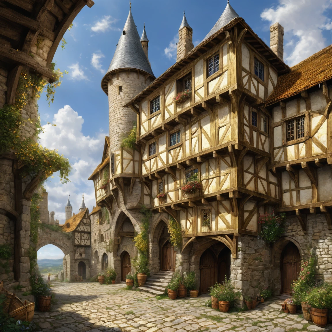 ((best quality)), ((masterpiece)), ((realistic,digital art)), (super detailed), (Mine d'or avec des lingots d'or), view from the ground, (style medieval fantasy)