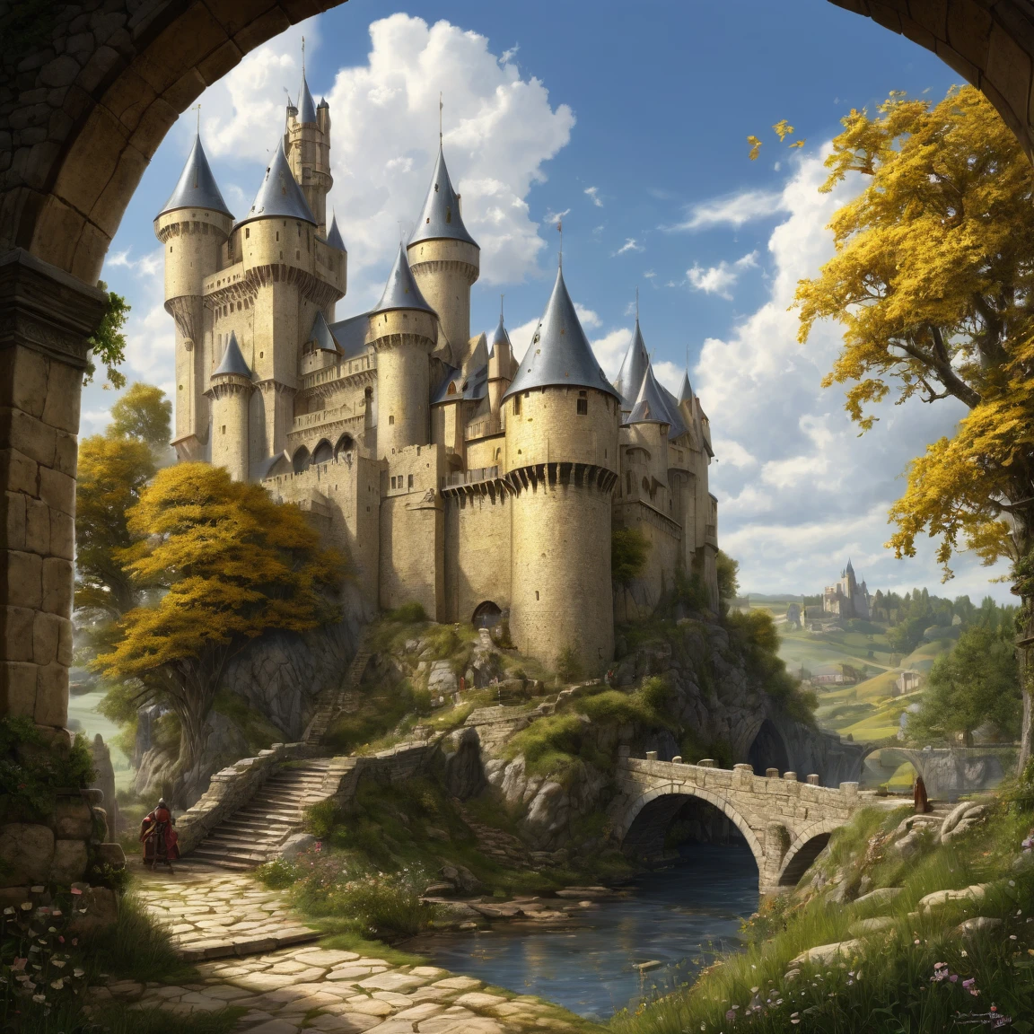 ((best quality)), ((masterpiece)), ((realistic,digital art)), (super detailed), (Mine d'or avec des lingots d'or), view from the ground, (style medieval fantasy)