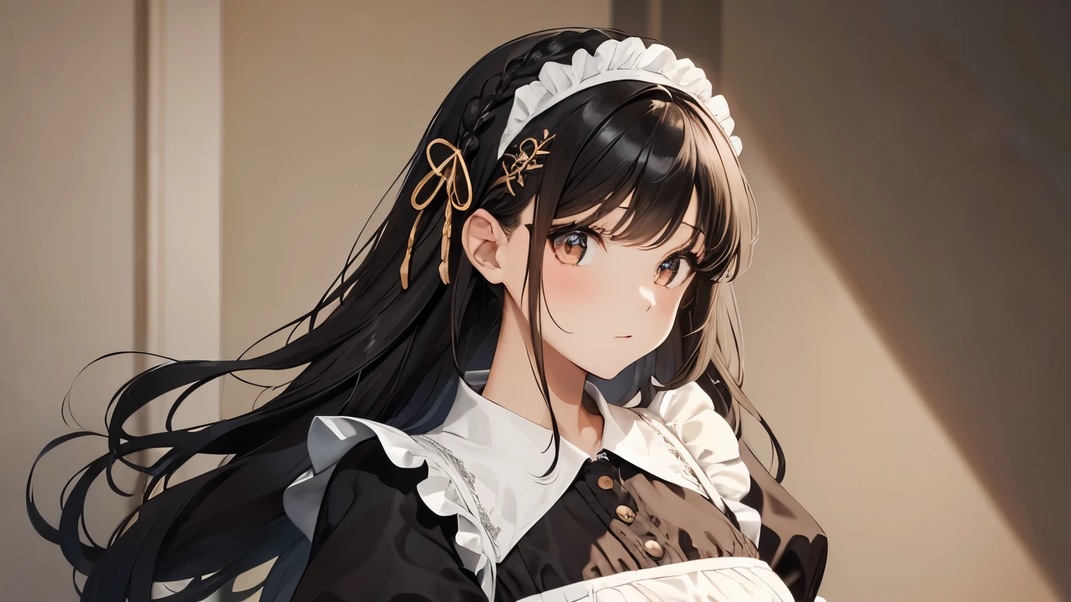 A beautiful girl wearing a brown maid outfit with lots of frills and lace　Black hair braid with hair ornament　Upper Body