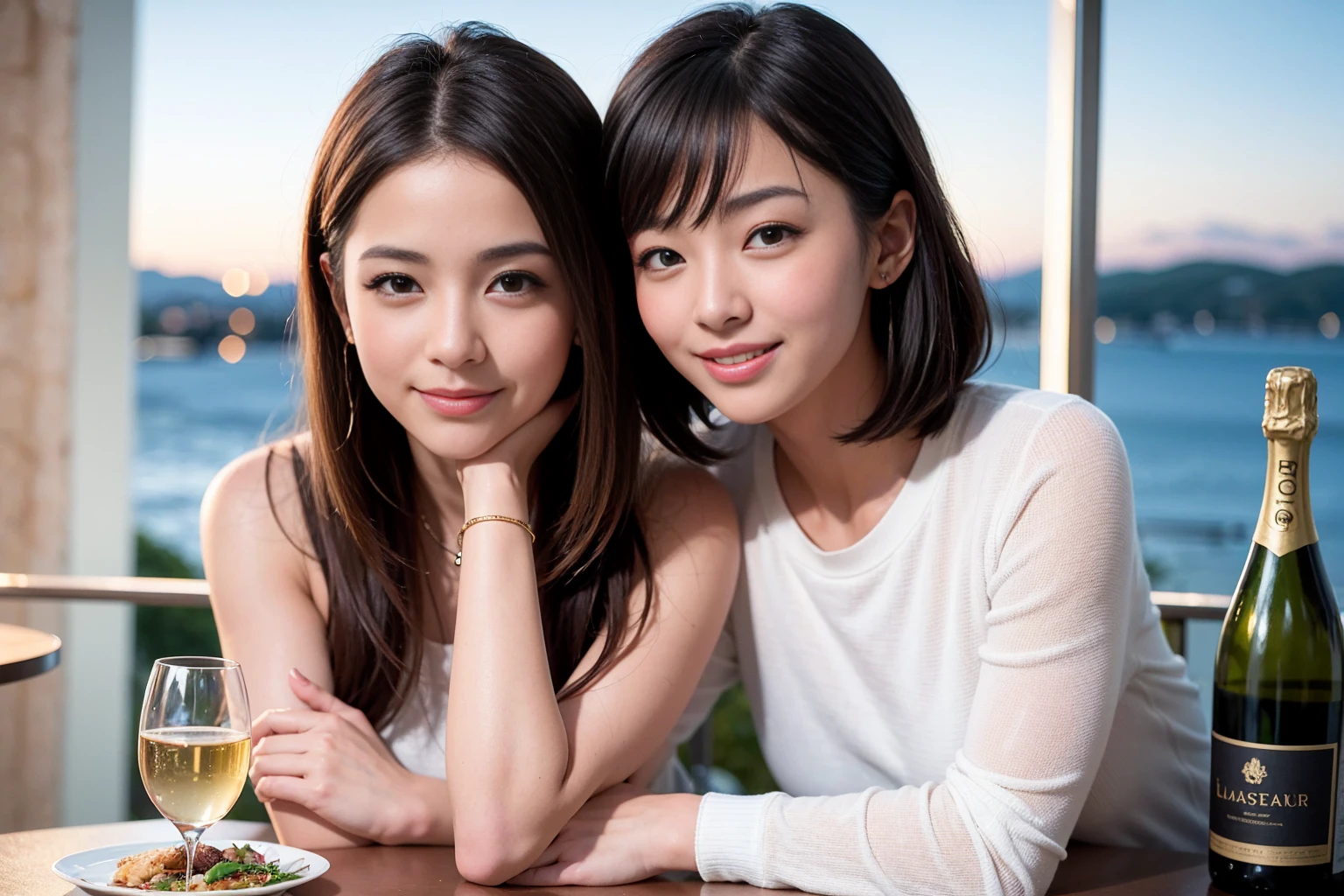 ((Highest quality、8K、masterpiece:1.3))、1 male 1 female、Slim lover、Beautiful couple、Smile、full-course dinner、 (Slim face), (the body is スリム), (Brown Hair), (Shortcuts), ((Bob Hale、Straight hair:1.2)), テーブルの上のwine glass、Shine light on your face、 Amazing view of the sunset sky and clouds、The beauty of a smile、Bright image、Blushing, Shortcuts, (43 years old), 39 years old, Appetizers、Italian food、Wine bottle、Champagne、sparkling wine、Long sleeve shirt、dress、Attractive beauty、restaurant, Nova Frog Style, actress, model, Upper Body, White wine, red wine, wine glass, 
