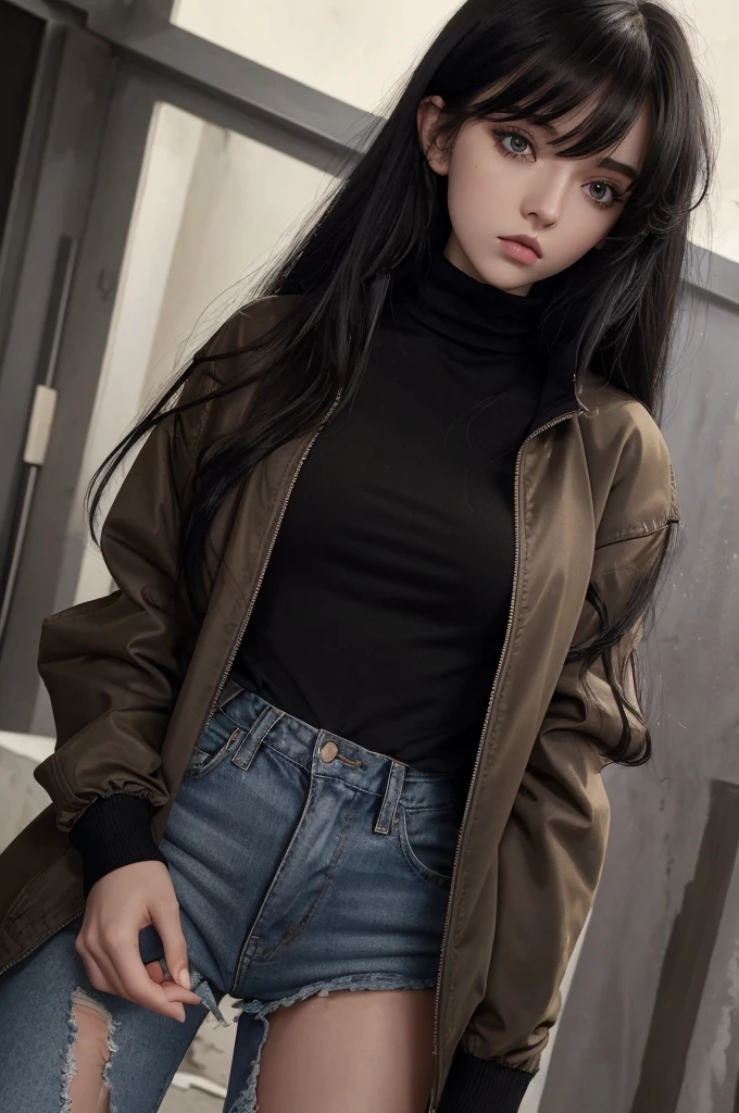 (best quality), 1girl, female, pale skin, (black hair), blonde ombre, medium hair, messy hair, messy bangs, hair over eyes, (brown eyes), perfect eyes, dark circles under eyes, skinny body, flat chest, goth girl, oversized jacket, turtleneck, ripped jeans, childish, masterpiece, anatomically correct, highres