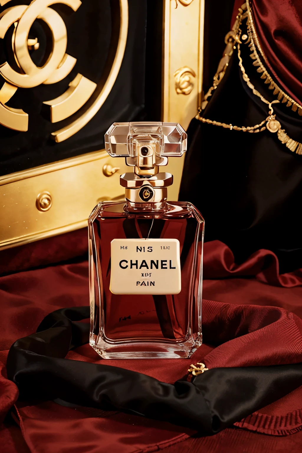 a close-up shot of a Chanel perfume bottle being held by a glamorous actress on the red carpet