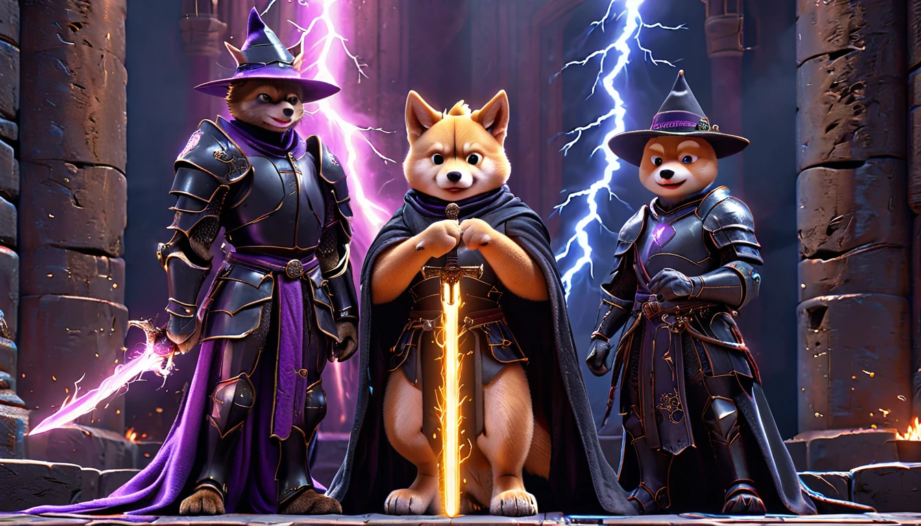 ((4 characters))、(Cat Knight、Dark armor、Holding a flaming sword)、(Monkey Warrior、A fighting pose with a lightning-charged fist)、(Shiba Inu Samurai、Black armor、Set up Japanese swords on both hands)、(Green Parrot Wizard、Witch's hat and robe、Holding a cane in both hands、A purple magic circle appears from the tip of the wand.)、In the dungeon、Twilight、4K、3DCG、High resolution with flying sparks, masterpiece, Highest quality, Super detailed, Super detailed, Ultra-realistic,
3D Fluffy,, Cute big round reflective eyes, Long fuzzy fur, Pixar Rendering, unreal engine Cinematic smooth, Exquisite detail, Cinematic