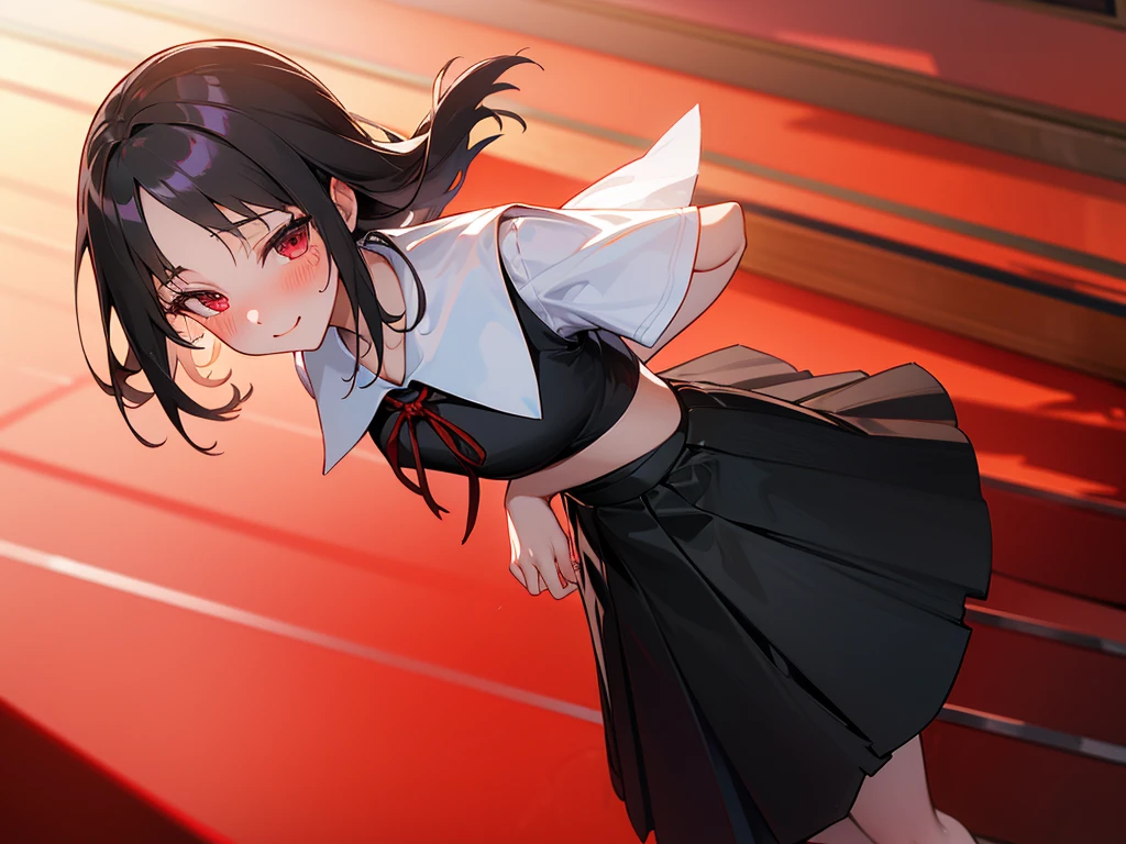 High school girls, Standing in the middle of the school stairs, Captivating smile, blush, She rolls up her skirt, Skirt flip, Angle from below, Sexual mischief, She shows her panties, Red lace panties, Thin panties, See-through panties, Seduce, Looking up from the floor