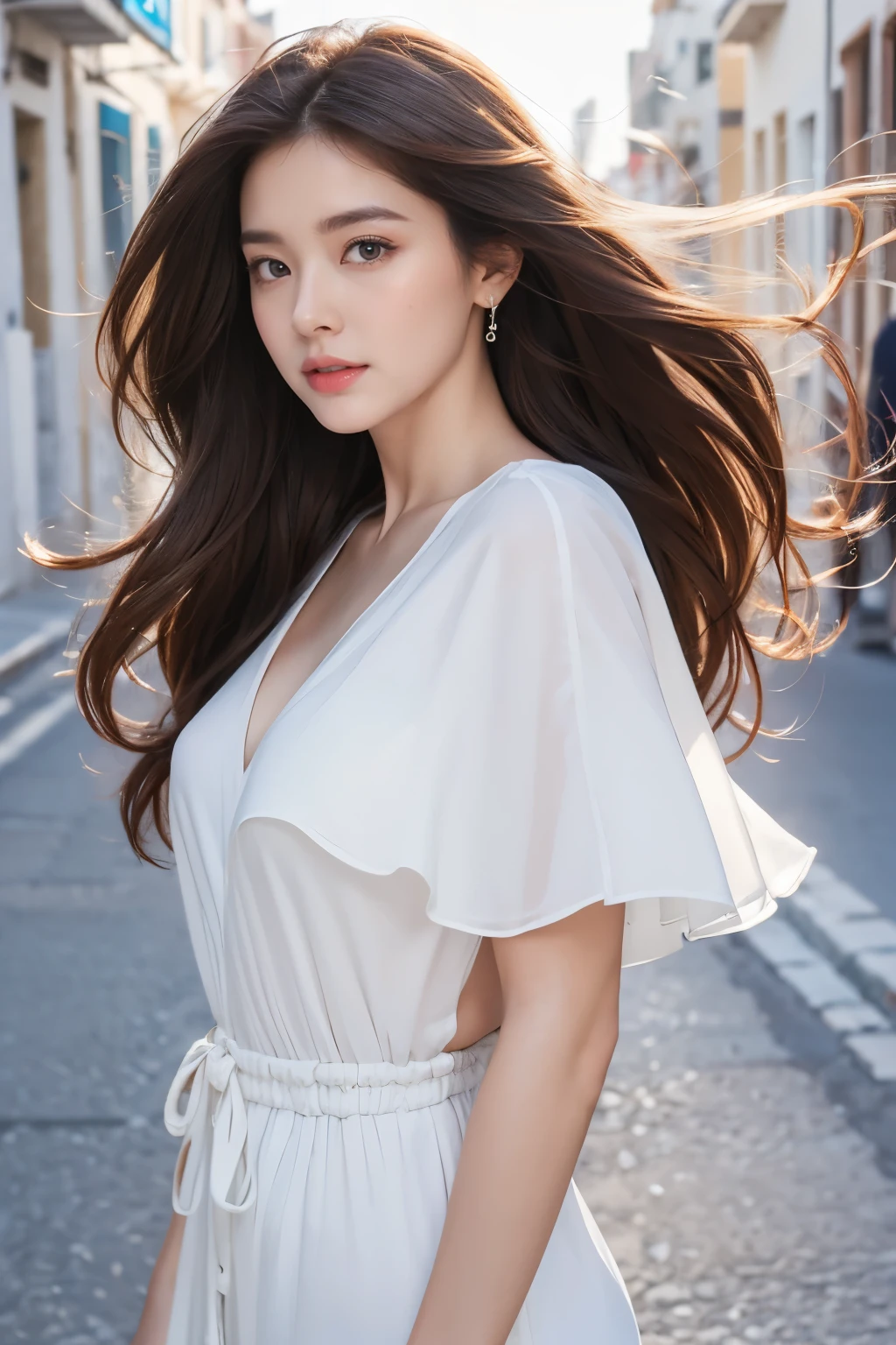 highest quality、4K、Perfect Face、Perfect Style、perfect body、Sunburn、beautiful lady、mature、long curly layer brown hair、Swept-back hair、full body, sexy 、charming、healthy、8K、windy hair、at Greece、white cityscape