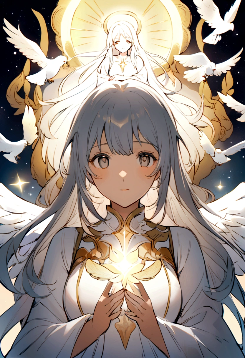 Anime Style, makoto shinkai, 8kk class portrait, portrait of an Angelic caretaker, Portrait of a Girl, アガサという名のPortrait of a Girl, With my arms around him, Wearing a white dress、Painting of a winged woman holding a white dove in her hands., Angelic light, Angel of dawn bright, unearthly Angelic creature of light, beautiful Angel, Angel-mentor, about a beautiful Angel, an Angel protecting a woman, Angelic, portrait of a beautiful Angel, Angel, beautiful Angel woman, shining Angelic being, Angelic, about a beautiful Angel girl, a girl with Angel wings