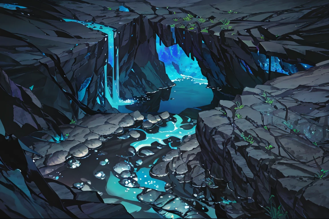 summer, blue lava rock area, blue lava rock formation, (illustration : 1.0), Narrative composition, realistic lighting, HD detail, masterpiece, best quality best, (Highly detailed CG integrated 8k wallpaper), wide and flat rocky area, A small, sharp, rough rock at the top of the screen., Blue liquid flowing through a crevice in the rock,