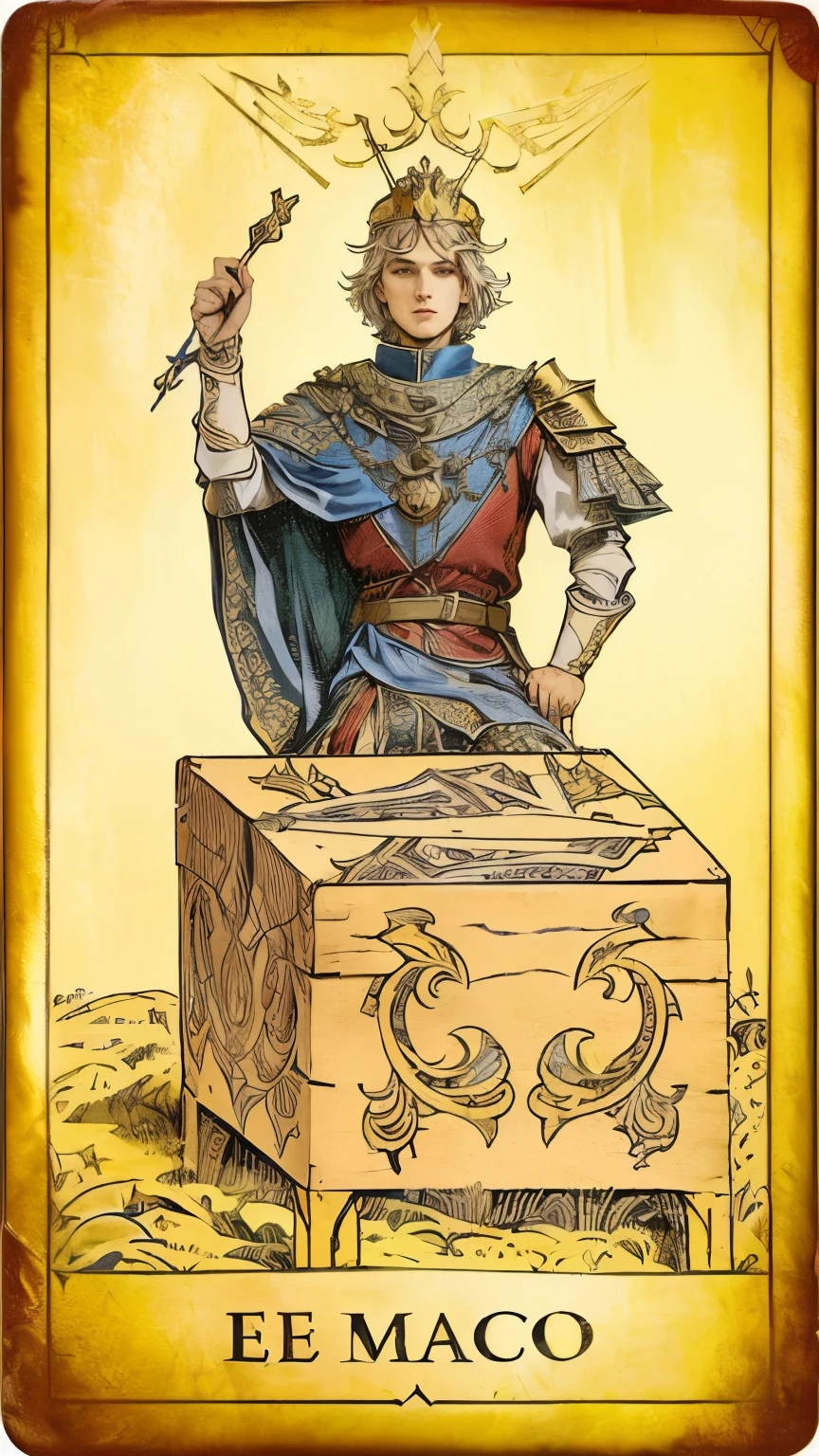 a Carta de tarot with a man sitting on top of a box, the magician Carta de tarot, old-fashioned Carta de tarot, the emperor Carta de tarot, Carta de tarot the fool, Carta de tarot, estilo tarot, Carta de estilo tarot, the justice Carta de tarot, as a Carta de tarot, art for the fool Carta de tarot, Carta de tarot enviroment, Carta de tarots characters, diseño de tarot