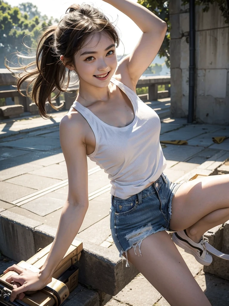 Wearing a white tank top,white jean shorts,Close-up of girl in canvas shoes fighting on battlefield,Full body close-up,Smile triumphantly