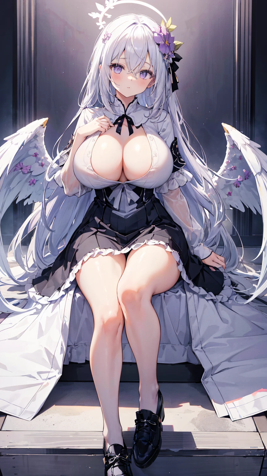 azusa \(blue archive\),purple eyes,white hair,long hair,wings,hair flower,halo,white capelet,black sailor collar,black frilled dress,white footwear,(exposed chests:1.3),(big chest:1.5),(big breast:1.5)