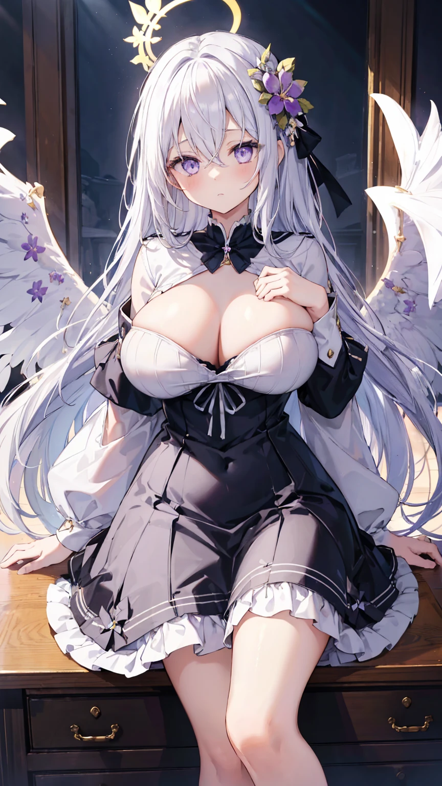 azusa \(blue archive\),purple eyes,white hair,long hair,wings,hair flower,halo,white capelet,black sailor collar,black frilled dress,white footwear,(exposed chests:1.3),(big chest:1.5),(big breast:1.5)