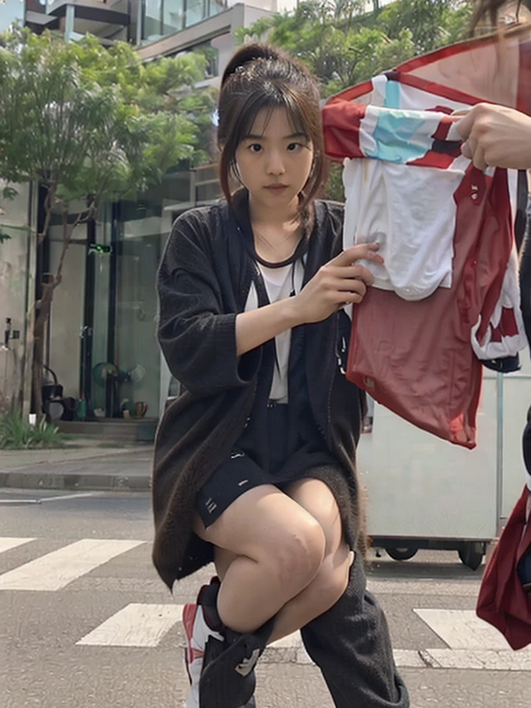 A 20-year-old Taiwanese beautiful girl,squatting pose,Look up at the perspective,Wear transparent clothing ,Skateboard with your toes