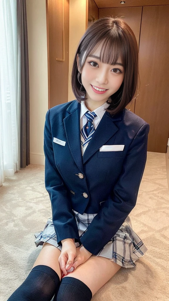 (8k, Raw photo, highest quality, masterpiece:1.2), masterpiece, highest quality, figure, Very detailed, Fine details, High resolution, 8k,wallpaper, Perfect dynamic composition,(Detailed high quality, Realistic depiction of eyes:1.15), (1 high school girl), The background is a room in a luxury hotel、 (uniform、blazer 、Super Short Check Uniform Skirt、Navy blue knee-high socks、Disheveled uniform:1.2), Short Bob Hair, Black hair color, hugeな胸, Big Natural Color Lip, Bold sexy pose, (Perfect figure), Cold Stare,  Beautiful Makeup,Glitter makeup,The cutest 18 year old, Beautiful feet, Gravure idol pose, Voluptuous thighs、((Big eyes that shine like jewels))、Glossy glossy skin、(Droopy eyes, Natural Makeup、Ultra-high definition beauty face:1.35)、(Ultra high resolution perfect beautiful teeth, Mid-chest, Tight waist, toothy big smile,duck mouth,Dimples,medium breasts,slender waist:1.15)、Young and cute gravure idol