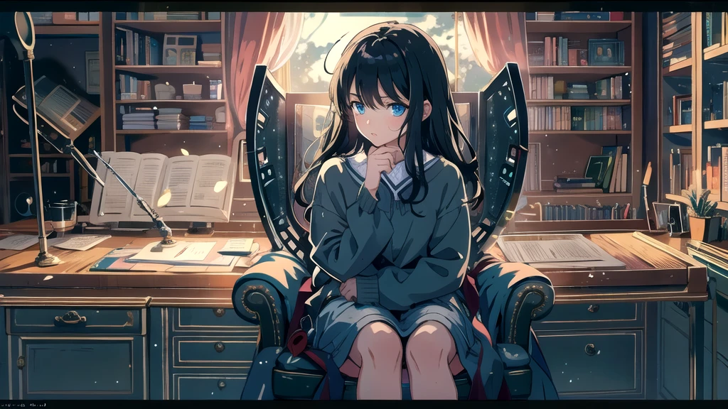Create an illustration of a girl with black hair and blue eyes, sitting in a chair in front of a desk, Has a sentimental, introspective look。, The moonlight gently shines into the room, Gently illuminate the space, Curtains sway in the wind, Increase tranquility, Gloomy mood, Emphasise the theme of loneliness, silence, And the depths of night, The room is dark、Dimly lit by moonlight