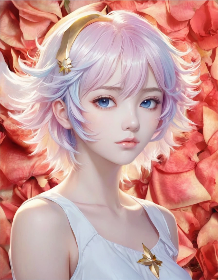 Anime girl with pink hair and blue eyes surrounded by rose petals, Portrait of a girl in the Knights of the Zodiac, Stunning Anime Face Portraits, Detailed digital anime art, Gwaiz, Beautiful anime portraits, 8k high quality detailed art, artwork in the style of Gwaiz, Inspired by Yanjun Chen, Smooth anime CG art, Yanjun Chent, Cute realistic portrait