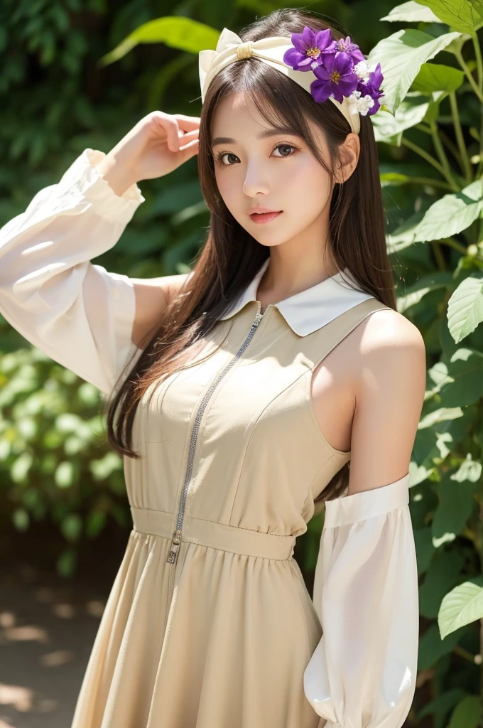 A young woman is standing in front of a lush green background with purple flowers. She is wearing a beige dress with a white collar and a small zipper in the front, along with a yellow headband. The lighting is natural and bright, emphasizing her clear skin and gentle makeup. The overall mood is serene and stylish. The woman’s name is Yui.