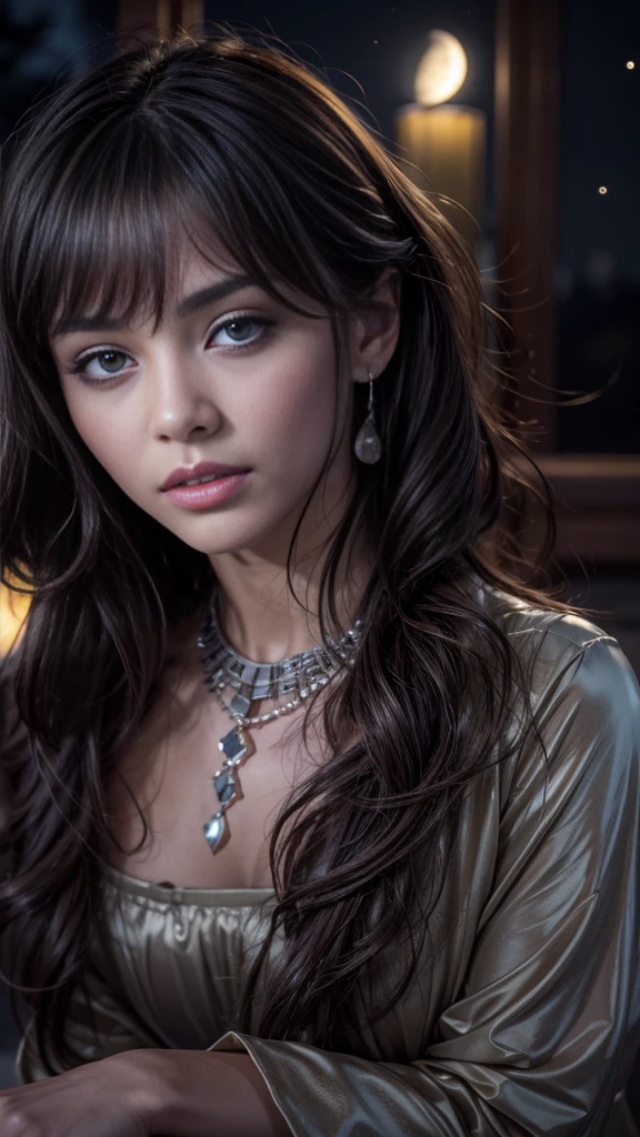 (32k:1.5, Highest quality, masterpiece, Ultra-high resolution), Professional camera work:1.6, Very detailedな肌と顔の質感:1.3, Captivating portrait:1.3, Very accurate, Very detailed, 1 adult female, ((Amazing night view from the rooftop, The moonlight at night illuminates my body)), (Satin Nightgown:0.5), Incredibly slim body, Fair skin, elegant features, Expressions of sadness, (Big eyes that exude beautiful eroticism:0.8, Sad expression:1.0, I love you with all my heart:0.8, Open your mouth a little, lipstick, Feel the beautiful eroticism:0.8), (Wet dark brown medium length hair), Candles, The chest is medium, Earrings, necklace, bracelet, dramatic, romantic, mysterious, Tilt, Sensual sitting position, ((Adult charm, Feminine charm, Hair blowing in the wind))