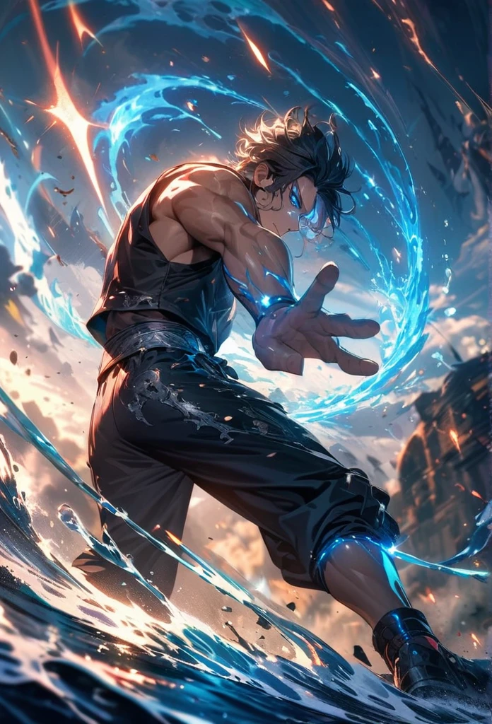 Symetrical,absurdres, highres, ultra detailed, HDR, masterpiece, extremely detailed face and eyestan, tanjiro,,, , solo, man, handsome, ,, , Epic fight scene, blue water effect,glowing glitters