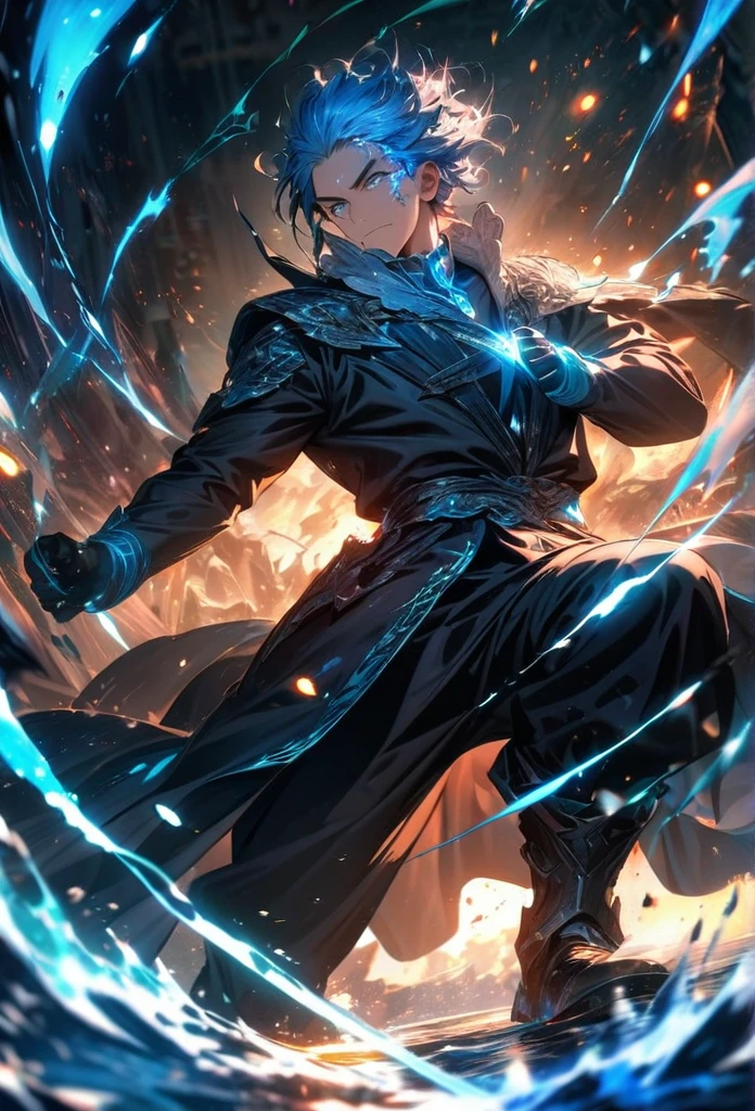 Symetrical,absurdres, highres, ultra detailed, HDR, masterpiece, extremely detailed face and eyestan, tanjiro,,, , solo, man, handsome, ,, , Epic fight scene, blue water effect,glowing glitters