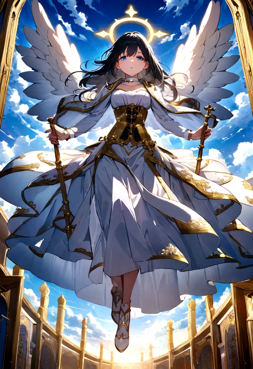Beautiful angel, whole body, View from below, Floating, Short flowing skirt, Straight black hair down to the shoulders, blue eyes, Burgundy lipstick, With a shining golden halo, Wearing white leather with gold accents, White choker with a gold cross, Decorative Metal Corset, Carrying a long golden metal walking stick, Coming down from the bright blue sky, Illuminated by the sun, Fluffy Clouds, Symmetrical white wings spread out, Light particles are emitted from behind, Wallpaper Art, UHD wallpaper