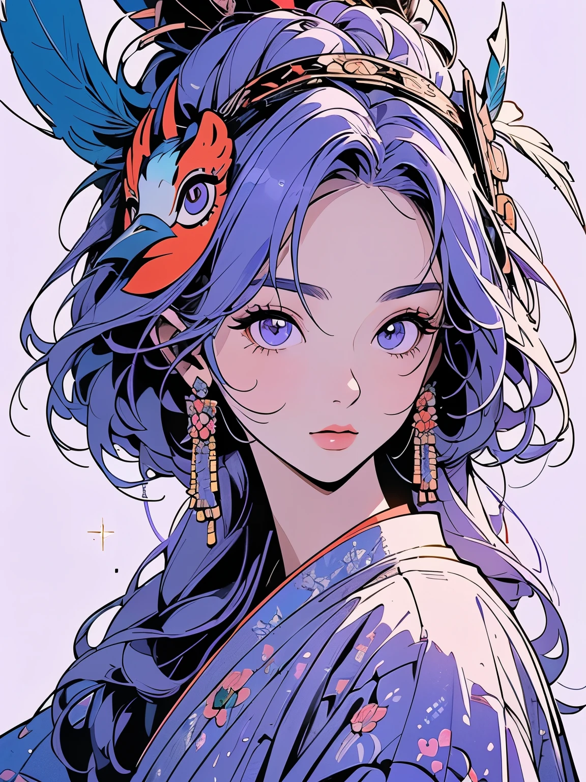 kimono, 完璧なkimono, 詳細なkimono, first-class, Super detailed, White background only, (((Super detailedな装飾))),One Woman, Perfect Face, Faint lighting, (((head shot))), Super detailedな髪、(((Sparkling Eyes))),mysterious, The wind is blowing, Apparition, Japanese style, Panorama, Long Shot,  (((Narrow-eyed beauty))),(((Indian-style feather headdress on head))),Upper Body,(((Complex eye pattern)))、(((He wears an intricate bird-head mask on his head.)))、A beautiful woman、Detailed face、Best quality face、Large feather ornament,(((Light purple hair)))、peacock feathers