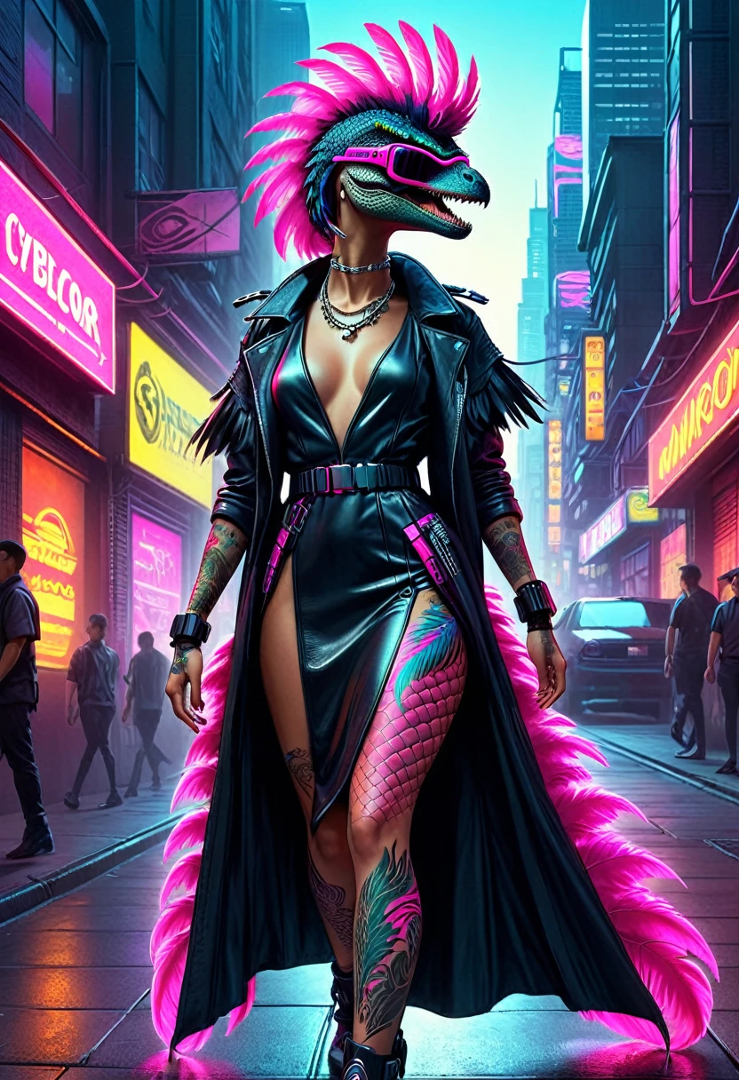 Cyberpunk Velociraptor striding through a neon-lit cityscape, high fashion model in a long cyberpunk dress with oversized pink feathers, multicolored tattoos tracing its sleek scales, dinosaur gang emblem raised on a flag with the same neon pink, accessorized with mirrored sunglasses and prominently displayed holster, face rendered in hyper-realistic detail highlighting warm-toned cybernetic enhance, neon owing to ultra-real. High Resolution, High Quality , Masterpiece