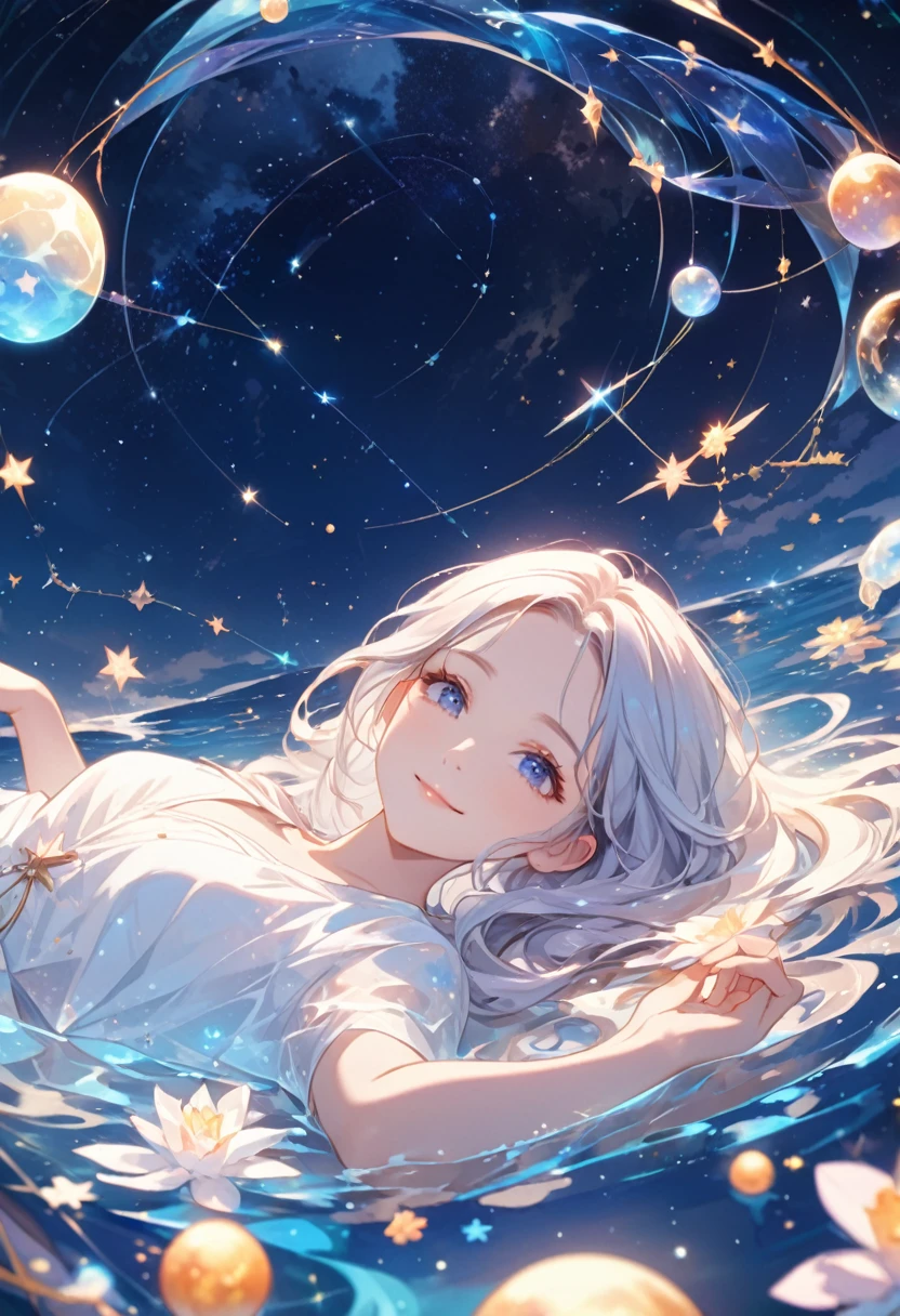 ((ultra detailed face)),Describe a scene in which a beautiful woman character is lying on a water, Look up at the starry sky. Surround her with colorful nebulae and her favorite constellations.(((big smiling))).((forehead)),milky theme