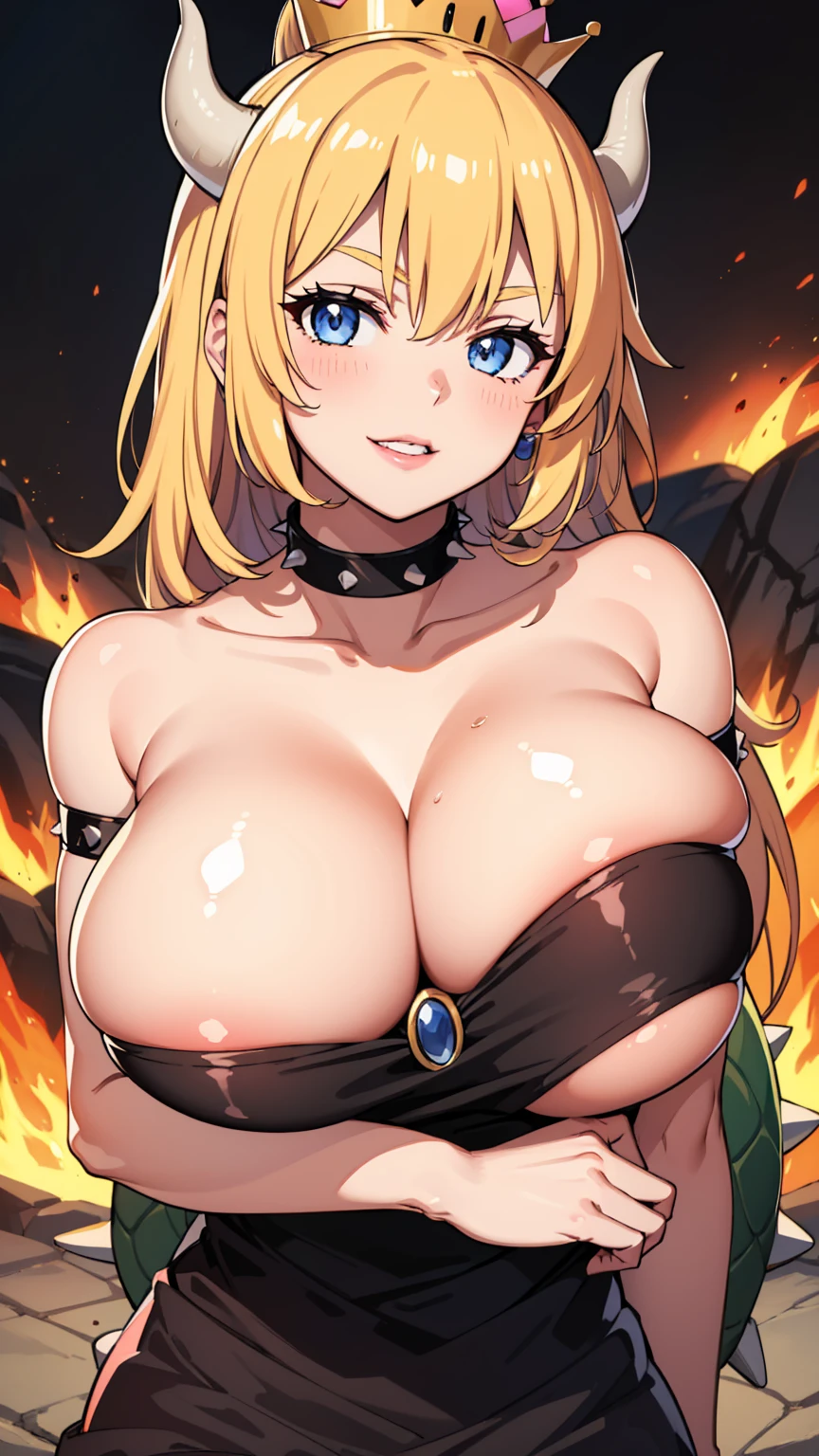 best quality, high resolution, large breasts, blonde hair, blush, Evil smile, cowboy shot, looking at viewer, bowsette, pink lip, (((gigantic breasts))), in a volcano with lava, sexy naked shoulders, sexy marked collarbones, 