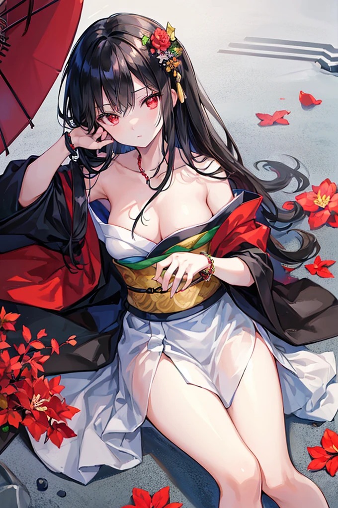 ((masterpiece)), ((Highest quality)), ((High resolution)), ((In detail))、Anime style girl、Black Hair、Long straight hairstyle、(Black kimono)、Red eyes、Sharp Eyes、Cold expression、beautiful、Prayer bead bracelet