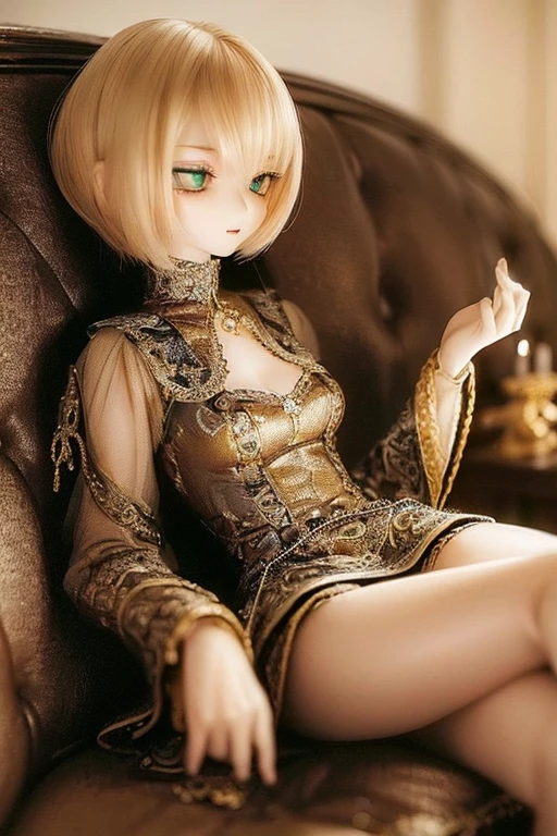 photorealistic, realistic photo, ((highest quality)), ((masterpiece)), (extremely detailed), kukolnydom, doll, (mature woman:1.6) cowboy shot, solo, skinny, slender, sitting on sofa, green eyes, almond eyes, (reclining on sofa, looking away, blank eyes, empty eyes, detailed eyes:1.3), (light smile), dress, museum, 8k