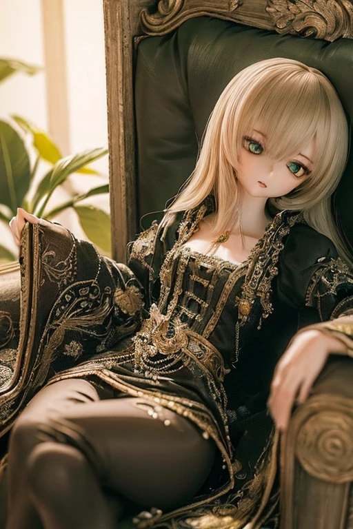 photorealistic, realistic photo, ((highest quality)), ((masterpiece)), (extremely detailed), kukolnydom, doll, (mature woman:1.6) cowboy shot, solo, skinny, slender, sitting on sofa, green eyes, almond eyes, (reclining on sofa, looking away, blank eyes, empty eyes, detailed eyes:1.3), (light smile), dress, museum, 8k