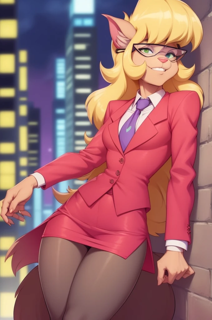 calliebriggs, furry female anthro, cat girl, full body, red skirt suit, necktie, (((three-piece suit))), ((suit jacket with waistcoat)), silk dress shirt, shirt and tie, necktie, (((blazer))), (((suit jacket))), (((open jacket))), ((waistcoat)), (((bodycon miniskirt))), high heels, solo, (body fur:1.2), (best quality), (detailed urban background:1.2), dramatic lighting, (detailed fluffy fur:1.1), looking at viewer,  smile, glasses, tail,