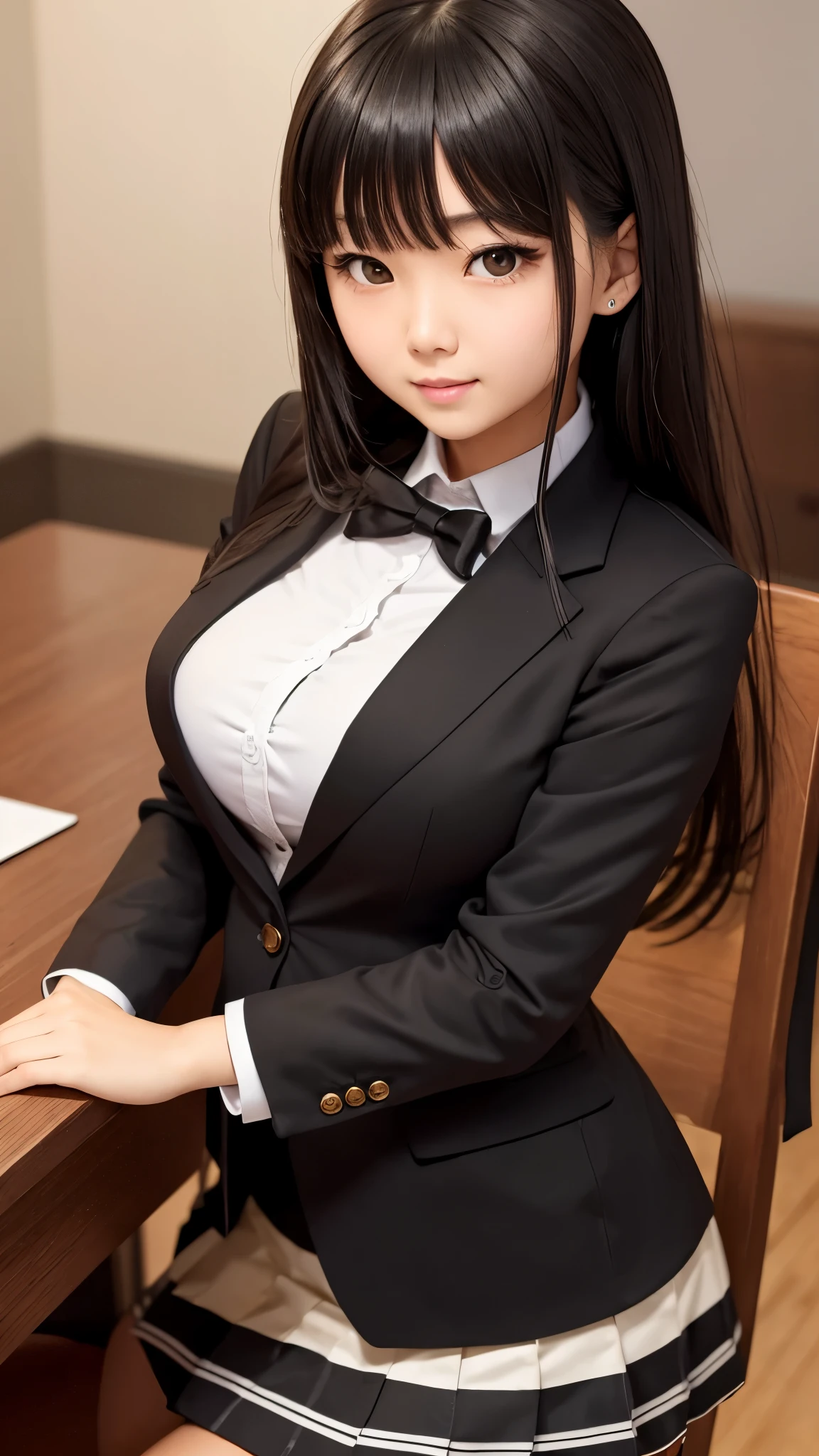 ((Tabletop)), (Detailed face), (highlight),　Asian Girl、Big breasts、thigh、Black Hair、Heavy bangs、high school girl、skirt、blazer、