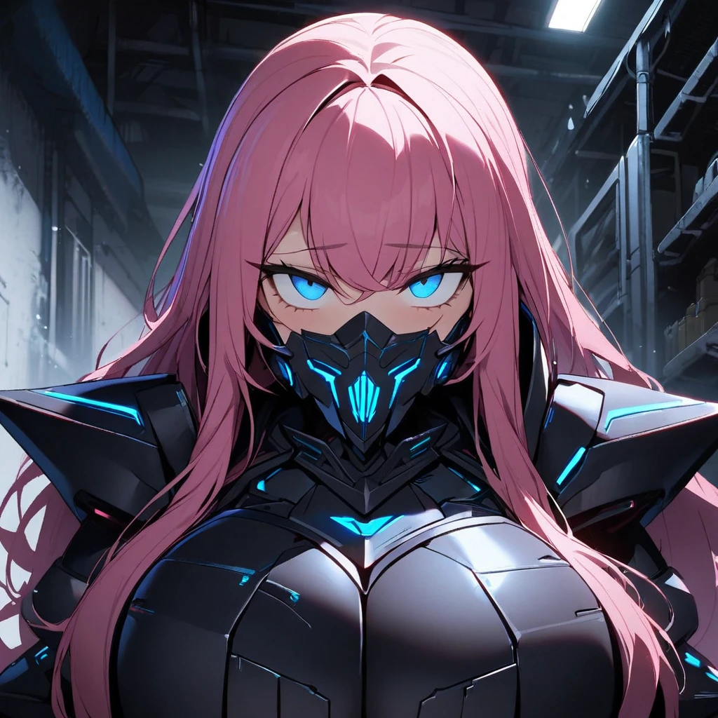 1girl,solo,pink hair color,long hair,light blue eyes,gigantic huge breasts,Wearing black sci-fi armor,Armor adheres closely to body lines,Cyber mask covering mouth,expressionless,icy stare,cold expression,Ruthless,disgusted eyes,close mouth,looking at viewer,standing up,near,,In a dimly lit warehouse