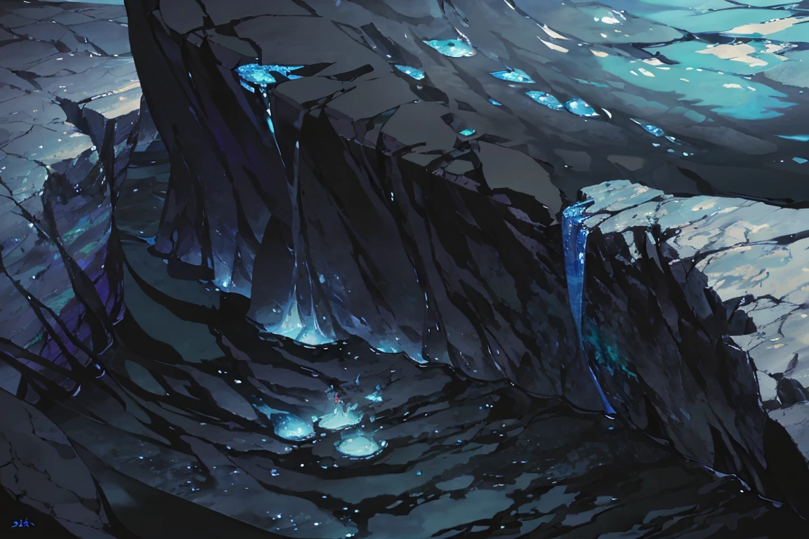 summer, blue lava rock area, blue lava rock formation, (illustration : 1.0), Narrative composition, realistic lighting, HD detail, masterpiece, best quality best, (Highly detailed CG integrated 8k wallpaper), wide and flat rocky area, A small, sharp, rough rock at the top of the screen., Blue liquid flowing through a crevice in the rock,