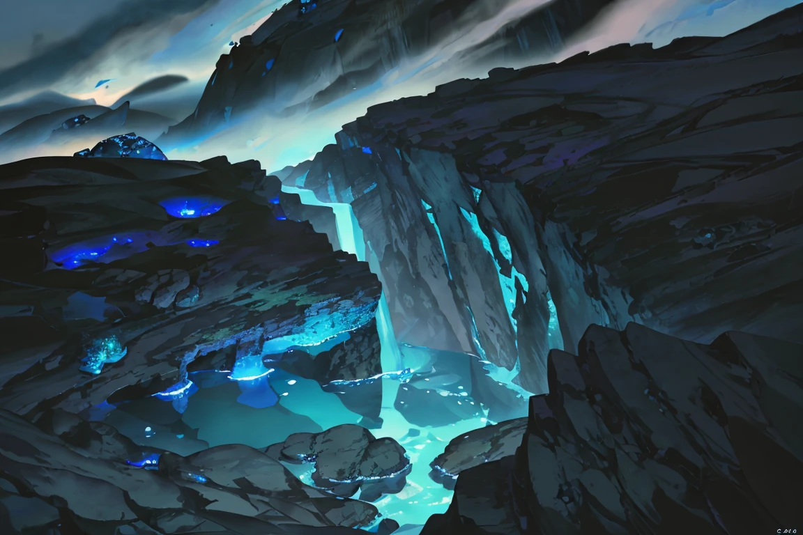 summer, blue lava rock area, blue lava rock formation, (illustration : 1.0), Narrative composition, realistic lighting, HD detail, masterpiece, best quality best, (Highly detailed CG integrated 8k wallpaper), wide and flat rocky area, A small, sharp, rough rock at the top of the screen., Blue liquid flowing through a crevice in the rock,