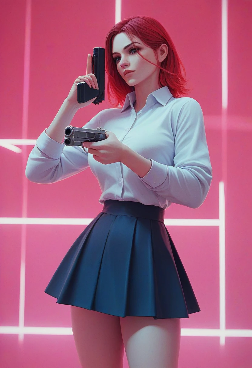 Beautiful girl in a skirt,with red hair,in neon background, holding a pistol with a silencer, 3D wallpaper for phone.