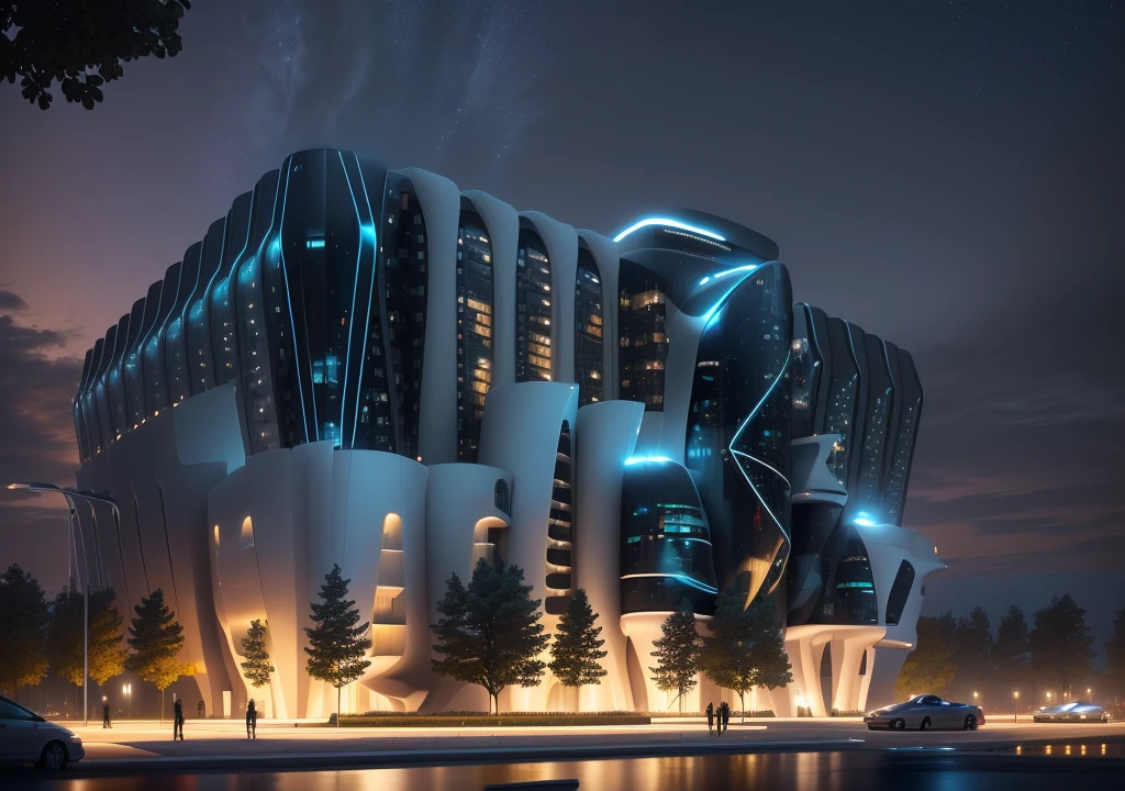 nighttime view of a modern building with a curved facade, sharp foccus ilustration hq, awe - inspiring award - winning, acclaimed masterpiece, wide angle exterior 2022, in style of zaha hadid architect, exterior shot, huge futuristic building, an award winning digital render, full - view, true realistic image, futuristic building, stunning high tech, sleek glass buildings