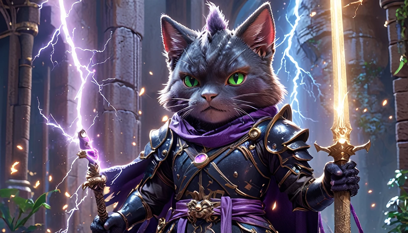 ((4 characters))、(Cat Knight、Dark armor、Holding a flaming sword)、(Monkey Warrior、A fighting pose with a lightning-charged fist)、(Shiba Inu Samurai、Black armor、Set up Japanese swords on both hands)、(Green Parrot Wizard、Witch's hat and robe、Holding a cane in both hands、A purple magic circle appears from the tip of the wand.)、In the dungeon、Twilight、4K、3DCG、High resolution with flying sparks, masterpiece, Highest quality, Super detailed, Super detailed, Ultra-realistic,
Hong Kong Style, 3D Fluffy, Cute and adorable close-ups, Cute big round reflective eyes, Long fuzzy fur, Pixar Rendering, unreal engine Cinematic smooth, Exquisite detail, Cinematic